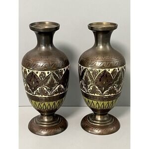 Vtg Pair 5.25" Hand Engraved Brass Bud Vase Floral Enamel signed- "I AM"- India
